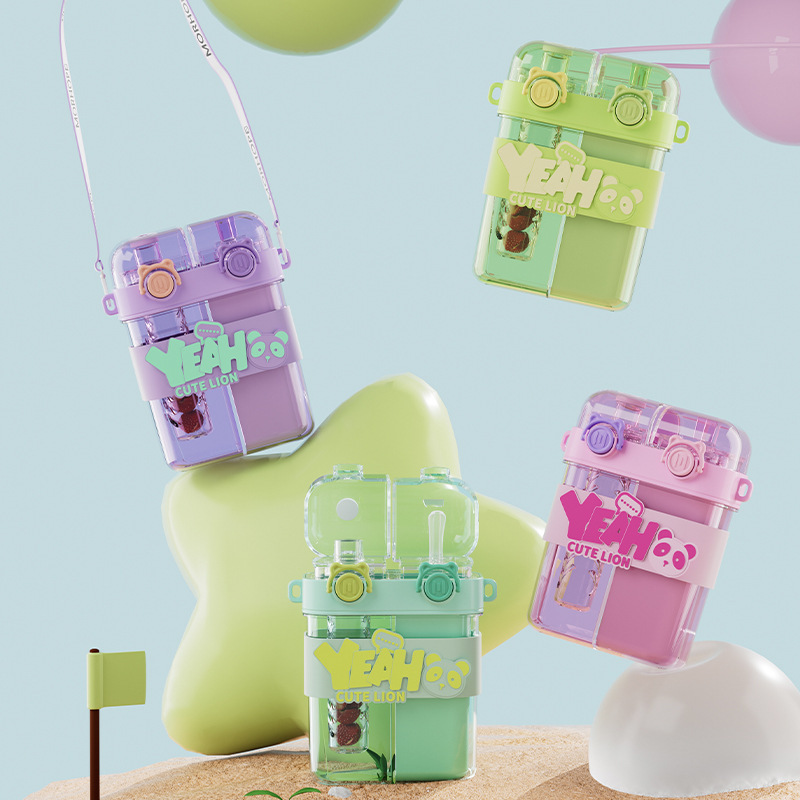 Taza para beber doble de gran capacidad dividida Taza para niños Taza para beber para estudiantes con pajita Taza para llevar al aire libre de alto valor de dibujos animados
