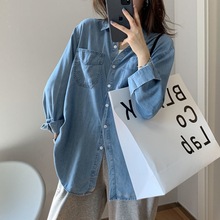 春秋牛仔衬衫女中长款复古叠穿休闲外套宽松显瘦Polo领长袖上衣