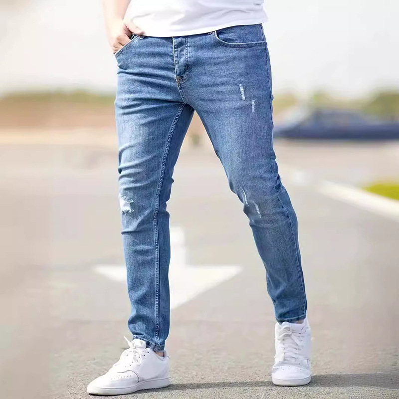 Amazon 2024 Cross-Border European and American Men's Skinny Stretch Ripped Jeans Tight-Fitting Jeans for Men Nk393