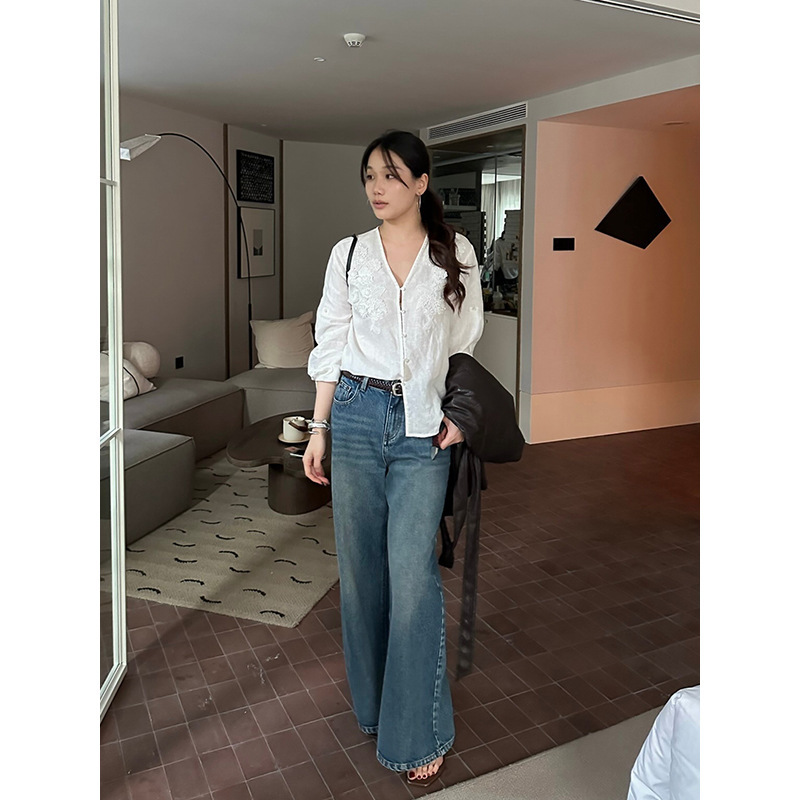 Yuanpai Heavy Embroidery V-neck Long-sleeve Shirt 2026 Autumn Korean Style Elegant Buttoned Full Linen Blouse A6662