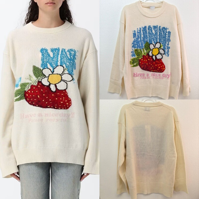 Real wool~New foreign trade model 26, strawberry letter print wool blend round neck pullover, mid-length, loose and versatile sweater Real wool~New foreign trade model 26, strawberry letter print wool blend round neck pullover, mid-length, loose and versatile sweater