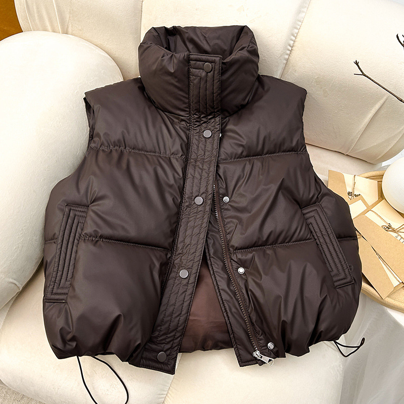 2024PU piel simple chaleco de algodón otoño invierno nuevo estilo de estudiantes de estilo extranjero pequeño cuello de collar de color sólido chaqueta coreana mujer image 9