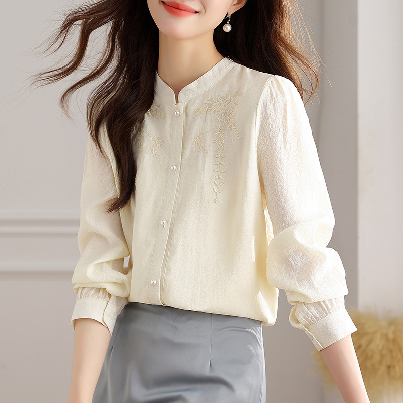 2025 春夏中国風刺繍長袖シャツハイエンドスタンドカラーシャツ春の新作女性のトップス|undefined