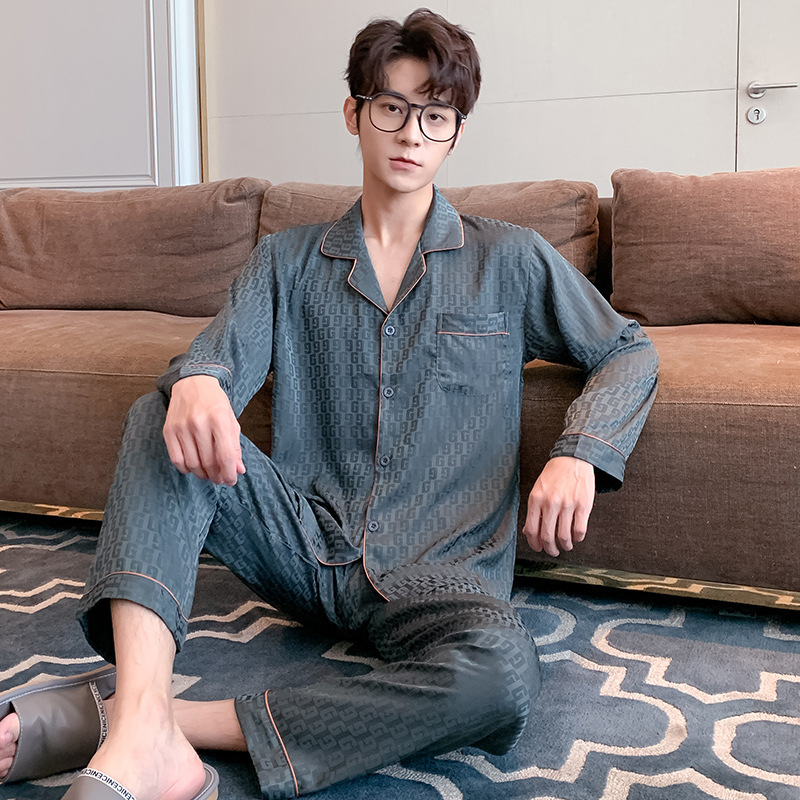 Pajamas Men's Autumn Ice Silk Long-sleeved Trousers Men's High-end Sense Thin Spring and Autumn plus size Home Clothes suit Autumn N288
