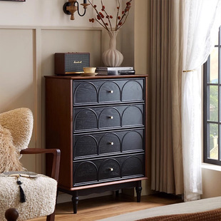 French-Style Vintage Solid Wood Four-Drawer Cabinet for Villa Living Room, Two-Tone Storage Cabinet Against the Wall, American Light Luxury Drawer Side Cabinet