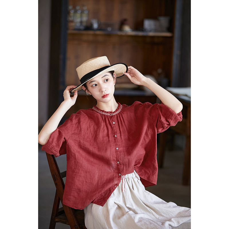Classic New Spring, Summer and Autumn Literary Original Women's Clothing Red Linen Exquisite Lace Small Round Neck Lightweight Blouse