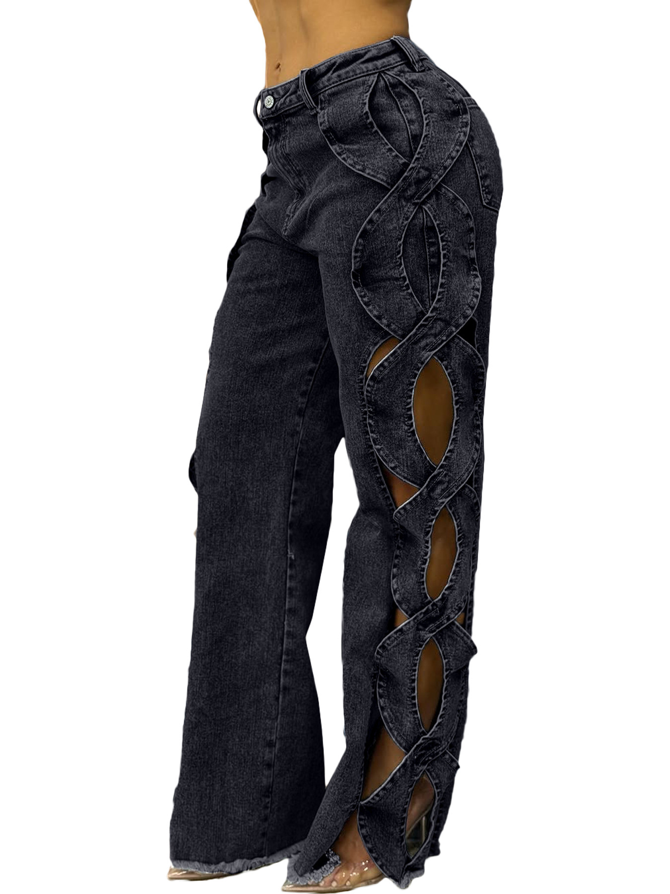 Women's Side Cutout S-Line Denim Pants – Edgy Patchwork Jeans With Distressed Details (Blue/Black-Gray, S-2XL)​_mkmklike.com