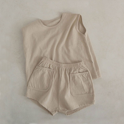 Korean summer thin vest suit for infants and young children cotton pocket shorts simple baby cute sleeveless suit