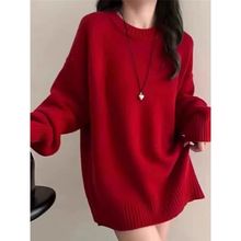 欧货重磅纯羊毛衫女圆领厚宽松慵懒中长款毛衣套头羊绒针织打底衫