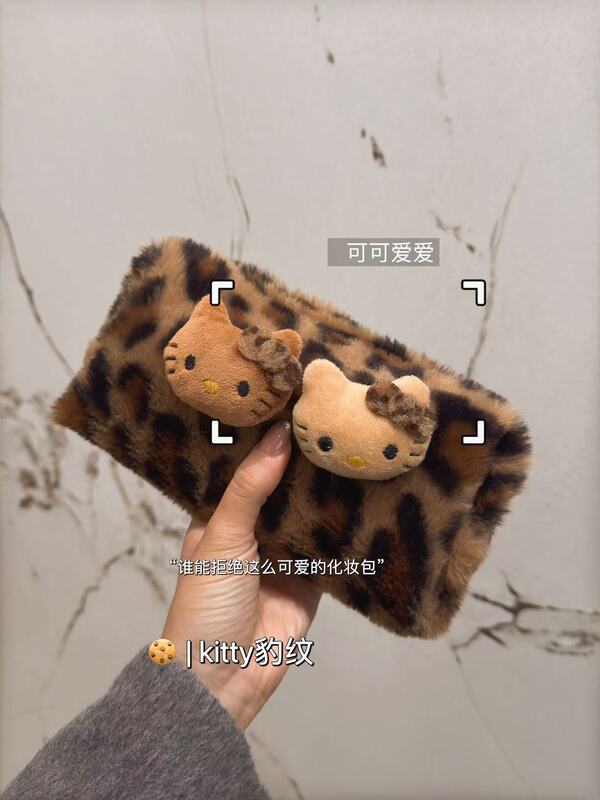 インスタ風ヒョウ柄キティぬいぐるみ化粧ポーチ、女性用トラベルハンドバッグ、洗面用具入れ、大容量収納バッグ、インスタトレンド商品|undefined