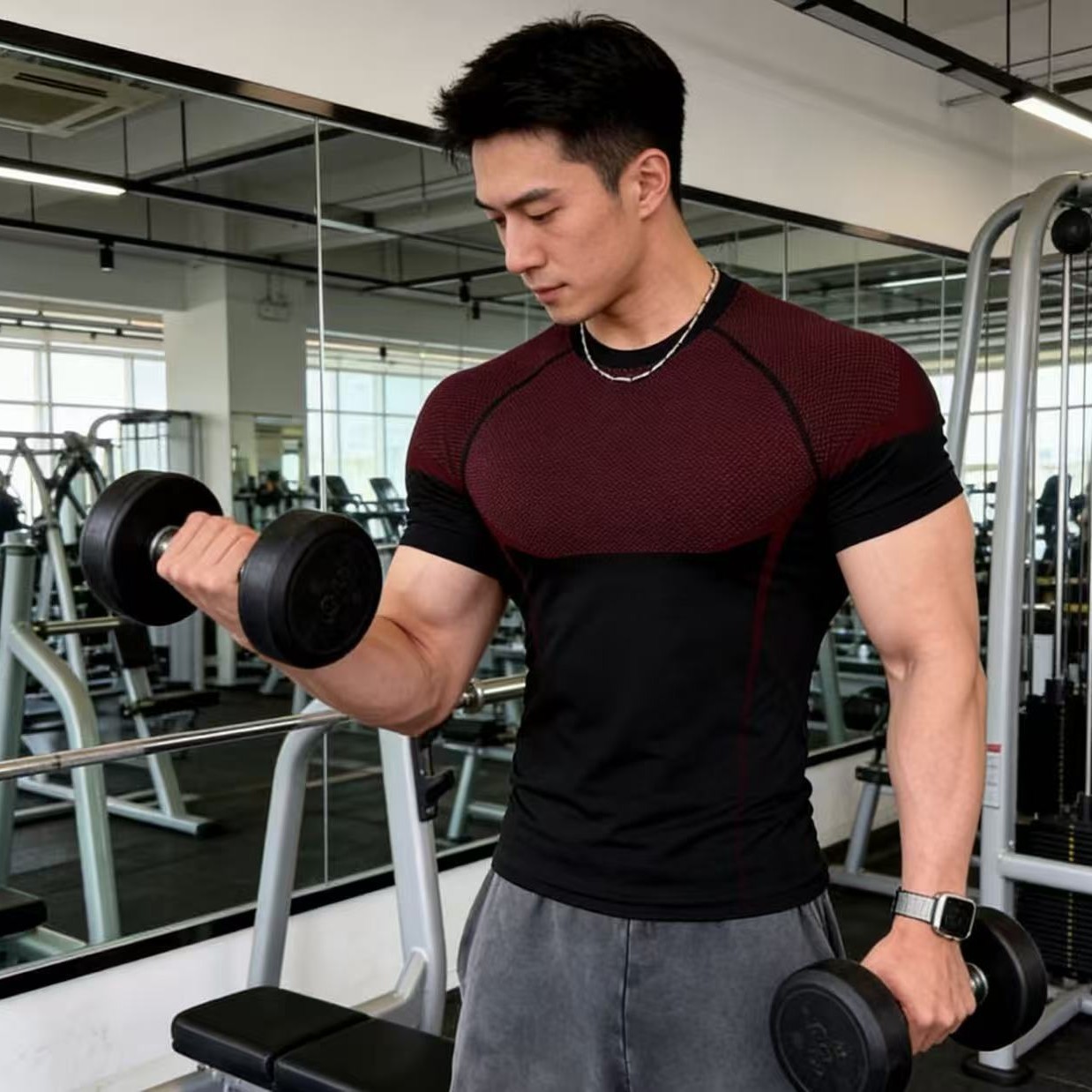 Men's Shark Print Fitness Shirt Quick Drying Breathable Crew Neck Short Sleeved Seamless American Style Trendy New Jacquard_voghion.com