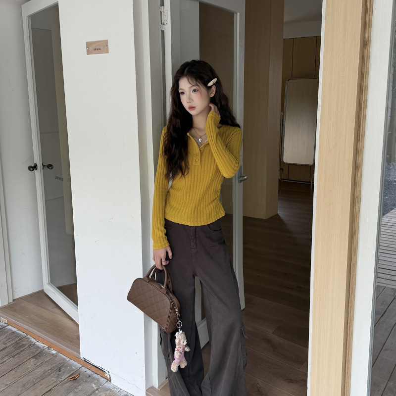 实拍#美式收腰长袖T恤女秋季高级感修身打底衫女内搭黄色蕾丝|undefined