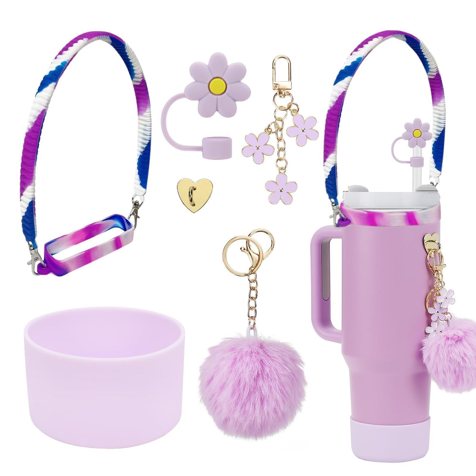 7pcs taza Stanley cuerda de mano colgante de silicona flor tapa de pajita bola de felpa colgante de copa cadena de taza de color
