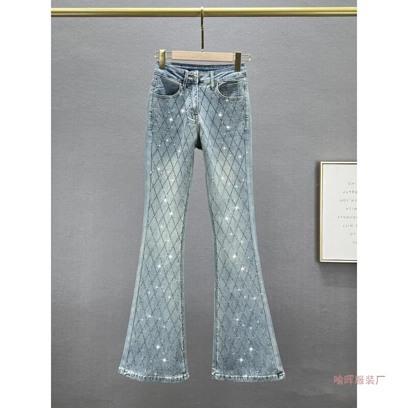 Slim-Fit Denim Flared Pants for Women, Trendy 2026 New Fashion Elastic High-Waisted Slimming European Style Rhinestone Embellished Extended Pants