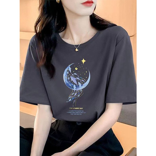 Cotton Loose Short Sleeve T-shirt for Women - Summer New Arrival, Beautiful Top with Moon Print Design, Round Neck for Spring and Autumn