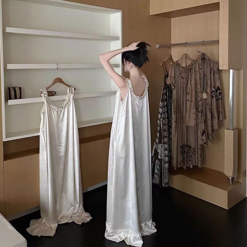 French-Style Ice Silk Satin Nightgown for Women, Summer Pearl White Princess Nightdress with Lace Straps, Long Dress That Can Be Worn Outside as Loungewear