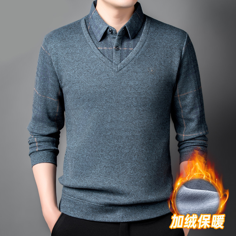 秋冬款加绒加厚保暖针织衫男士假两件翻领长袖商务休闲中年毛衣|undefined