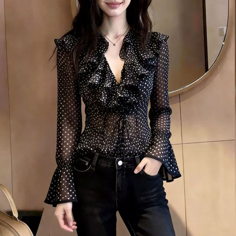 French-Style Polka Dot Top for Women, Long-Sleeved V-Neck with Ruffle Design, Stylish and Elegant for Work Wear, Fashionable 2026 Summer New Model