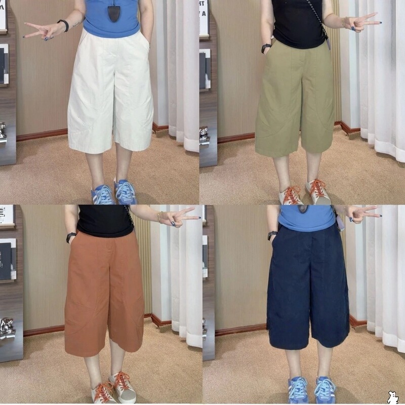 100% cotton summer thin Korean style trendy petite women's high-waisted slimming casual cropped wide-leg curved pants