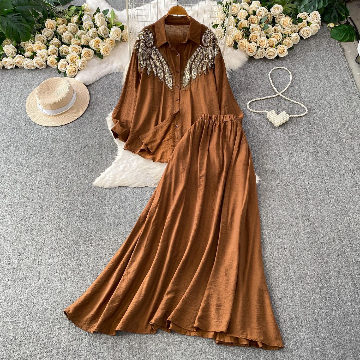 European Style Embroidered Pearl & Sequin Blouse With Mid-Length Skirt Set - Elegant Oversized Office Wear Two-Piece Outfit_ecoleips.com