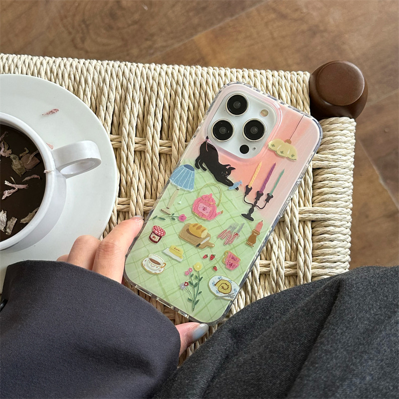 Pintura al óleo ilustración de gato a la luz de las velas para iphone15 funda para teléfono móvil 16ProMax dibujos animados 13 Apple 14 hembra 15PM