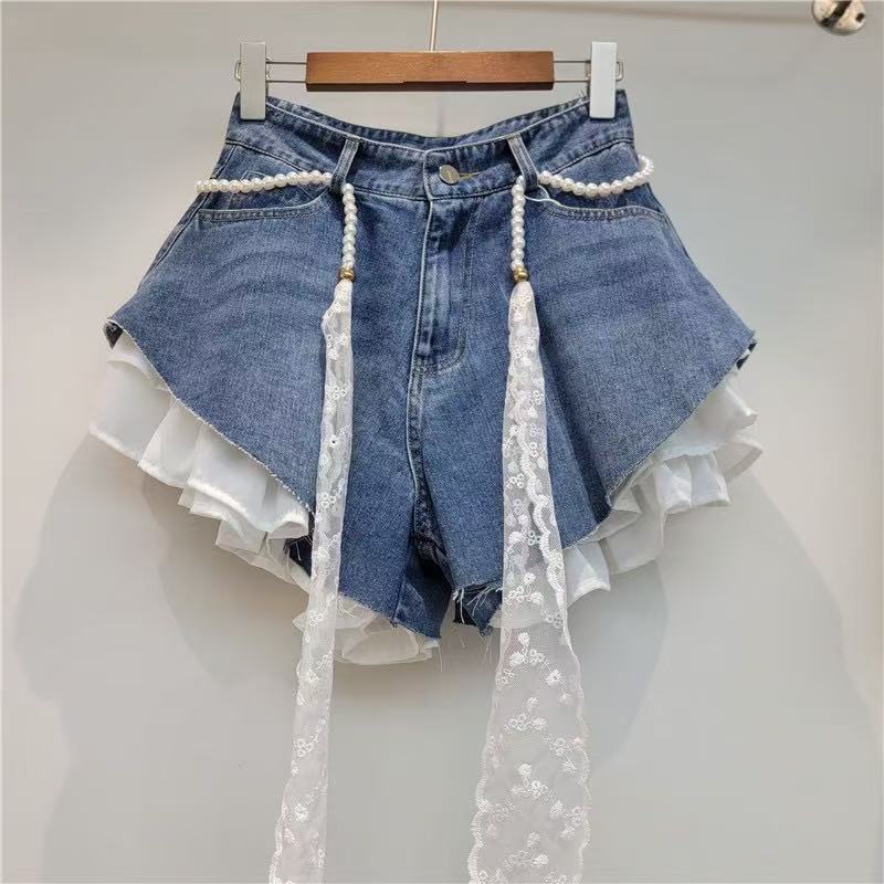 European and American 2026 Summer New Style Personality Sweet and Spicy Patchwork Lace Hem Diagonal Wide-Leg Denim Shorts with Waist Chain Trendy