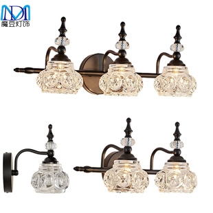 Amazon American 3 lights makeup lamp bathroom mirror headlight crystal glass lampshade retro bedside wall lamp G9 New