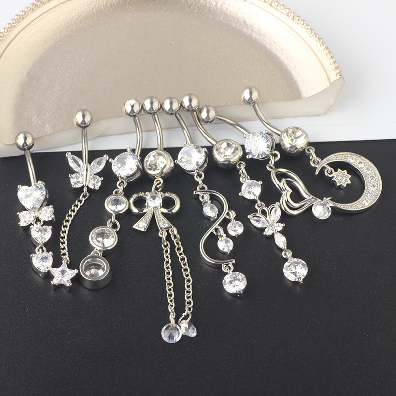 8-Piece Set Zircon Belly Button Ring Suit Navel Ring Body Piercing Jewelry Silver Stainless Steel detail image 8