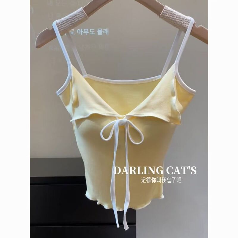 Pure Desire Hot Girl Contrast Color Strappy Camisole Women's Padded Inner and Outer Slim Sexy Sleeveless Top Summer