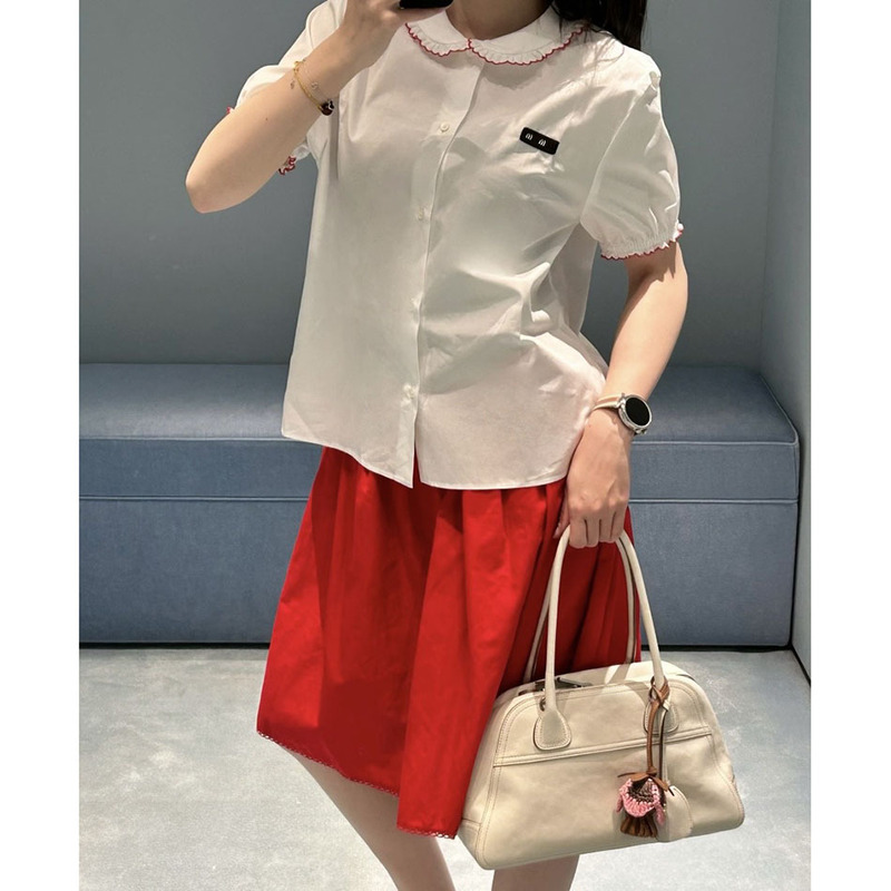 Summer New Style College-Style Red Lace Doll Collar Short-Sleeved Shirt, Niche Loose-Fitting Simple Versatile Age-Reducing Top