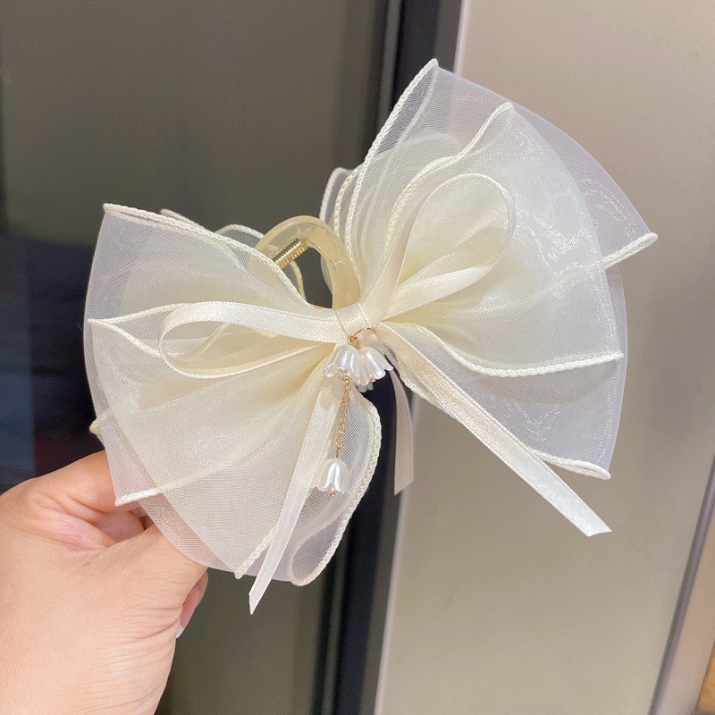 フレンチポルカドットレトロコントラストリボンリボンパールペンダント後頭部シャーククリップヘアピン女性用|undefined