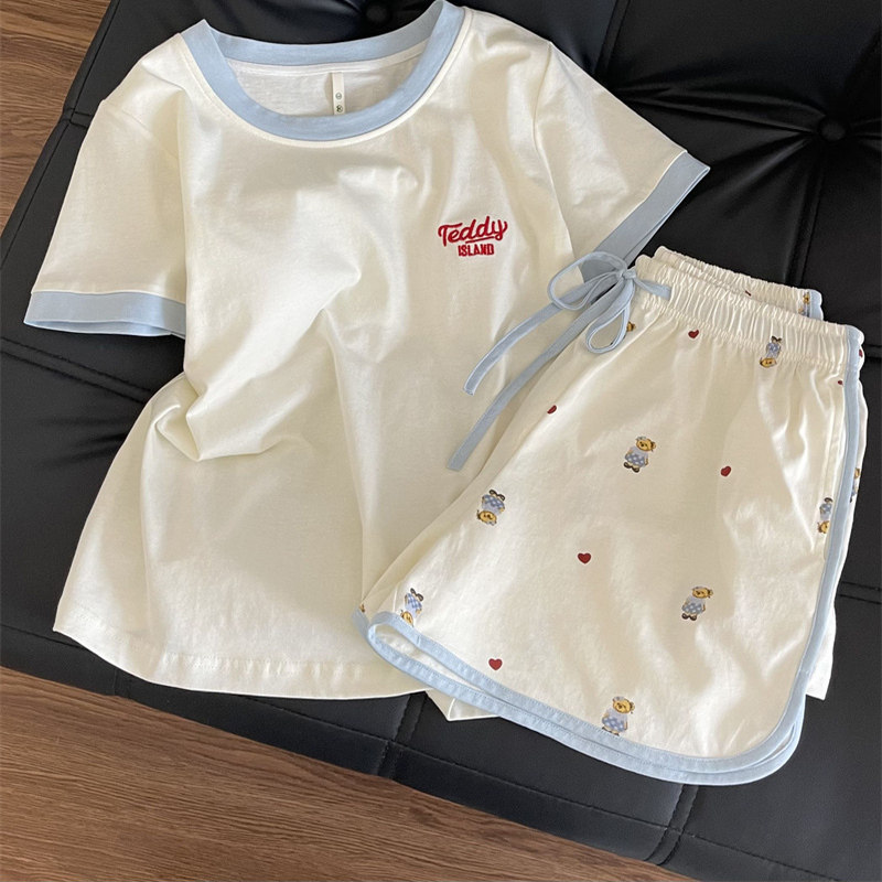 Korean Style Casual Simple Letter Printed Short-Sleeved Pajamas for Women Summer Style Cartoon Teddy Bear Shorts Home Wear Two-Piece Set Korean Style Casual Simple Letter Printed Short-Sleeved Pajamas for Women Summer Style Cartoon Teddy Bear Shorts Home Wear Two-Piece Set