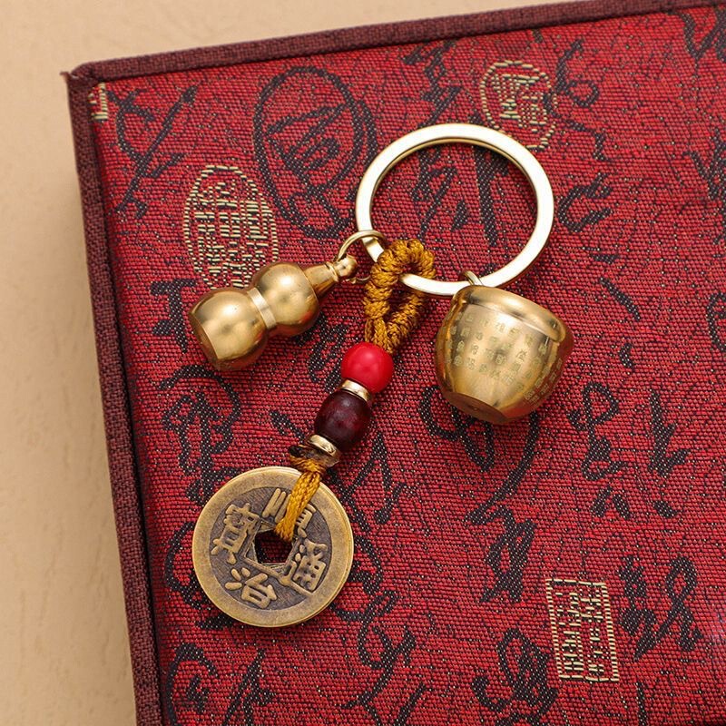 New Brass Hundred Blessings Wealth Keychain with Five Emperors Coins and Copper Gourd for Good Luck, Vintage Keychain for Both Men and Women