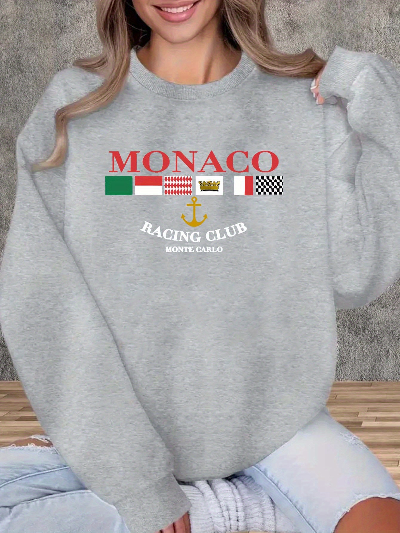 Women’s Monaco Print Casual Crew Neck Sweatshirt Pullover_voghion.com