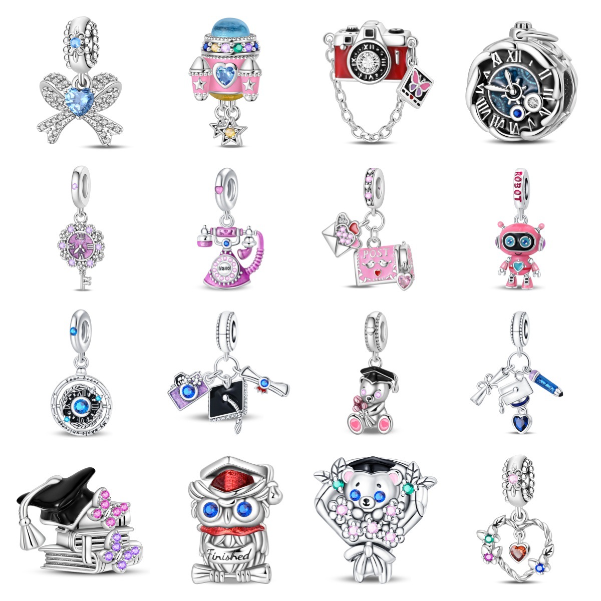 DIY饰品配件手链旅行相机邮箱毕业心形吊饰珠子铜镀银跨境爆款