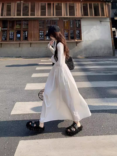 French-style gentle wind, waist-cinching, slimming, versatile one-piece dress for spring and autumn, elegant zipper base dress, large skirt, high-waisted slimming