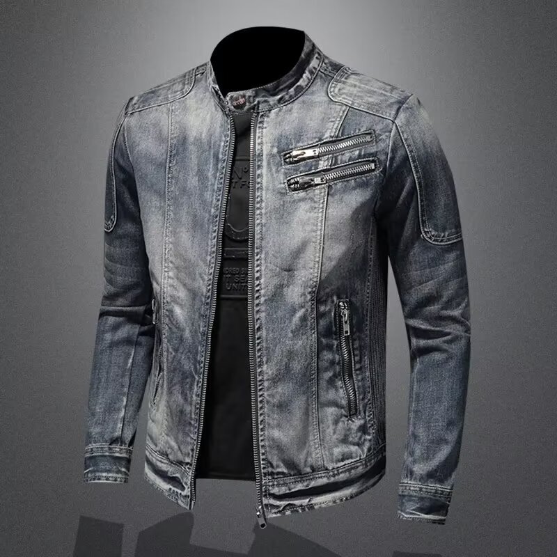 Men's Denim Jacket European and American Casual Retro Large Size Stand Collar Zipper Jacket Cycling Motorcycle Jacket Trendy European and American Jacket