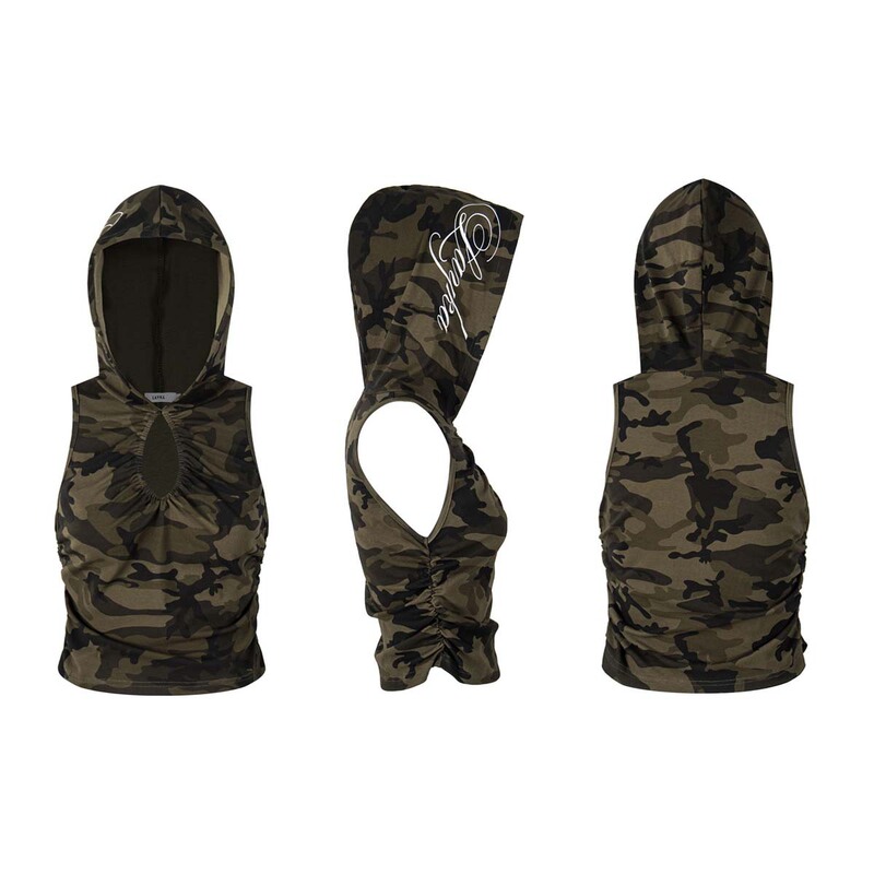 Unbdns Pure Desire Style Hooded Sleeveless Camouflage Top for Women, Summer Ruched Waist-Slimming Ultra-Short Vest Trendy