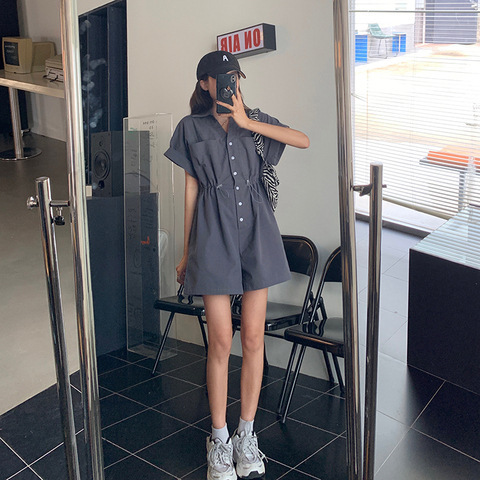 2024 New Summer Little Jumpsuit Internet Celebrity Loose Drawstring Short-Sleeved Shirt Workwear Jumpsuit Women's Clothing