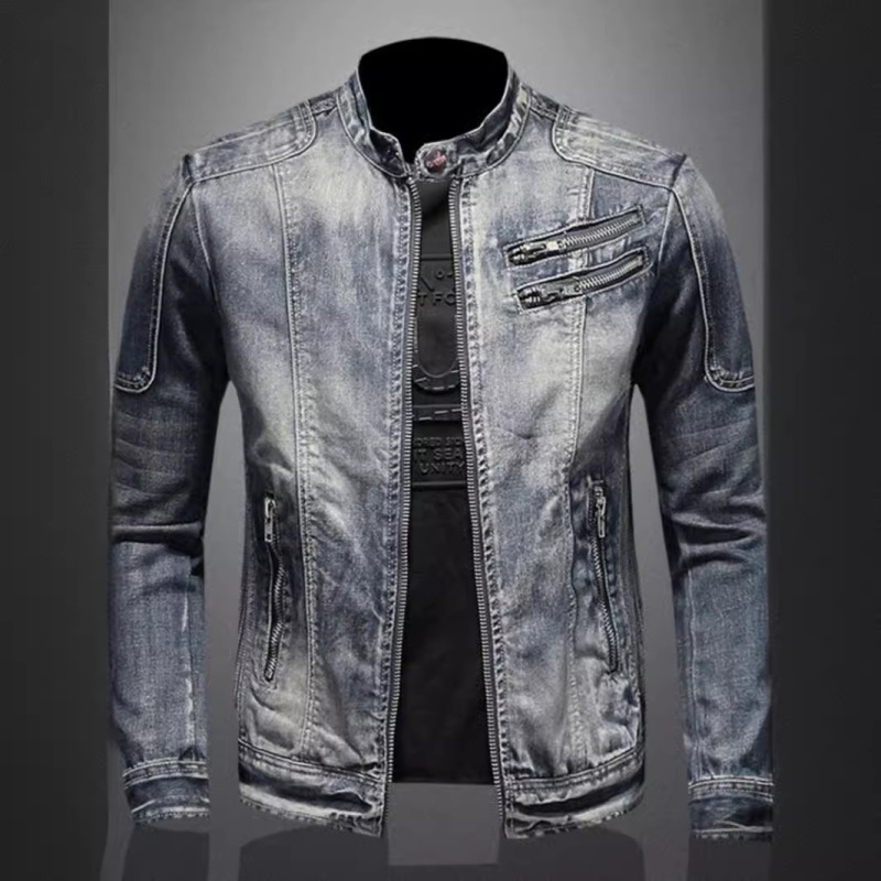 2025 Cross-Border Denim Jacket Men's American Retro Stylish Slim Stand-Up Collar Zipper Work Jacket Cycling Motorcycle Jacket