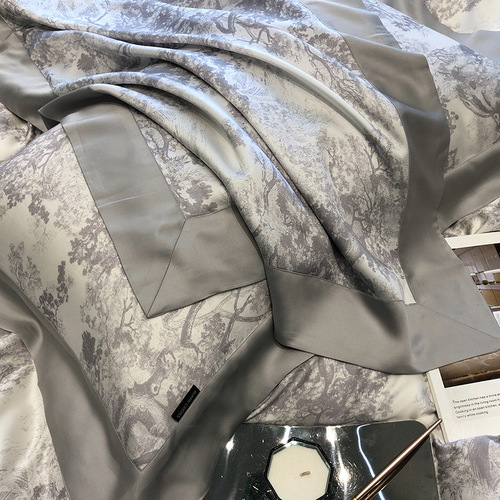 Princess Style Cherry Blossom Rain Embroidery 60 Tencel Four-piece Set for Summer Naked Sleeping Ice Silk Sheets and Quilt Covers Silky Bedding