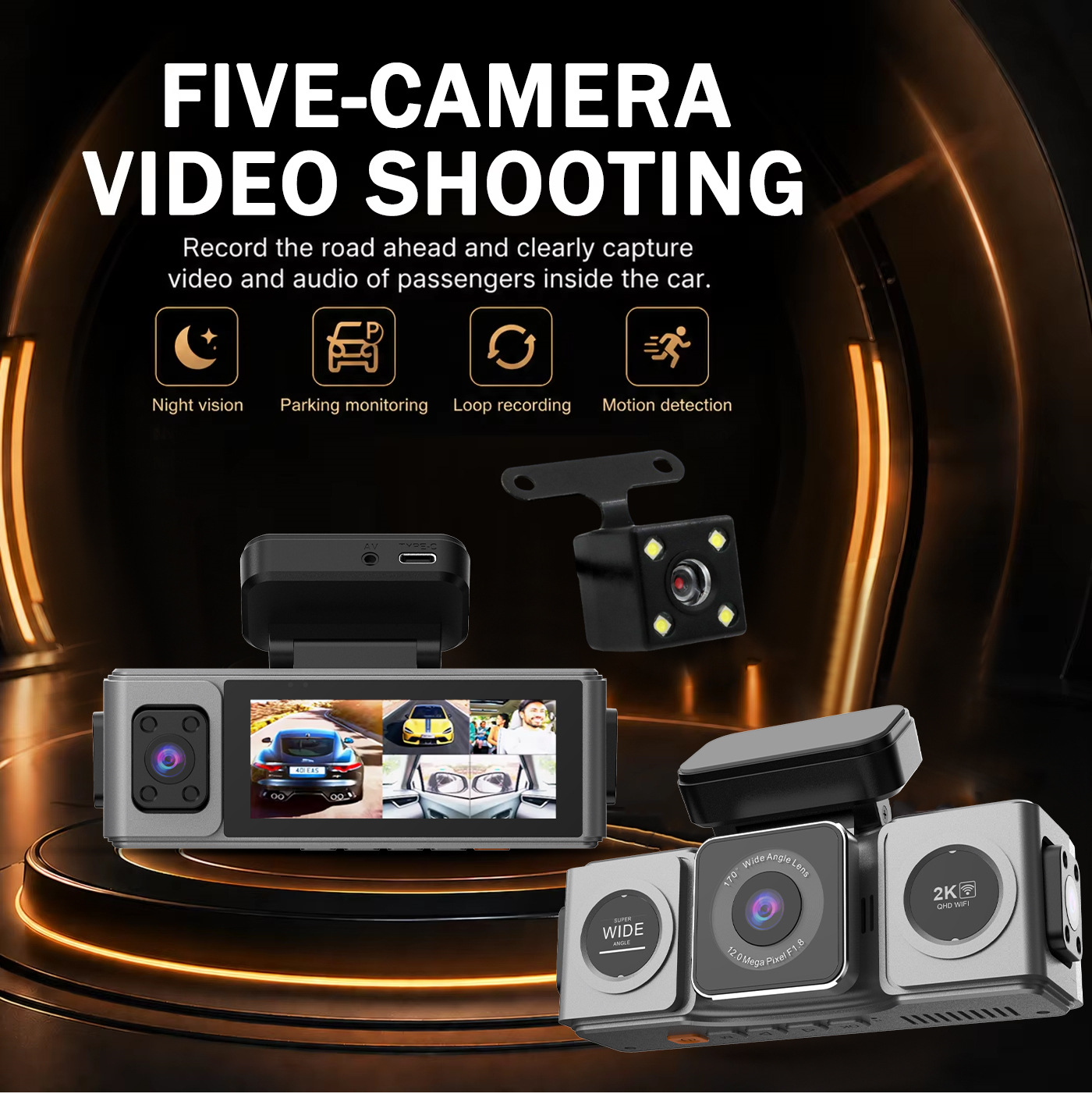 Cross-border five-lens dashcam with high-definition 2K wide-angle night vision, WiFi, front and rear in-car recording device