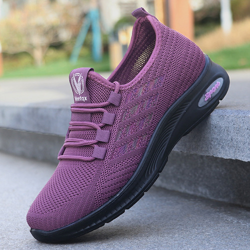 Cross-border foreign trade fly-knitted women's casual sports shoes fashionable versatile lace-up shoes soft bottom breathable polyurethane mother's shoes