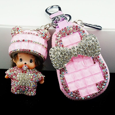 Diamond-embedded monqi car car Static Rod/Key Bag - pink-key-case-mengqiqi