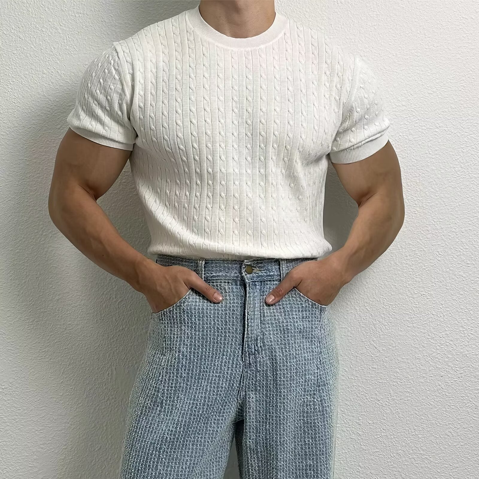 Factory Direct Sales Cross-Border European and American Men's Knitwears New Men's Casual Solid Color Short-Sleeved Knitted Tops Slim and Trendy