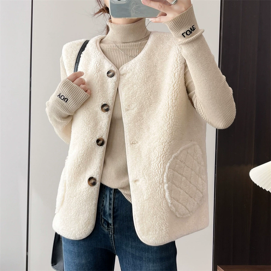 Кожаный жилет ягненка женский 2024 осень и зима новый круглый воротник