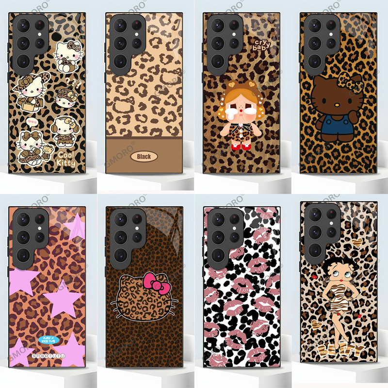 Retro Leopard Print Hello Kitty Samsung S22/S23Ultra Mobile Phone Case with High-End Tempered Glass Shell in Maillard Brown Tone