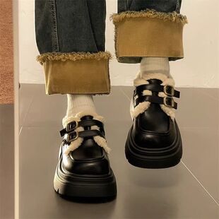 Black British Style Small Leather Shoes for Women Autumn and Winter 2025 New Thick-Soled Loafers Fleece-Lined Cotton Shoes Mary Jane Women's Shoes New Style