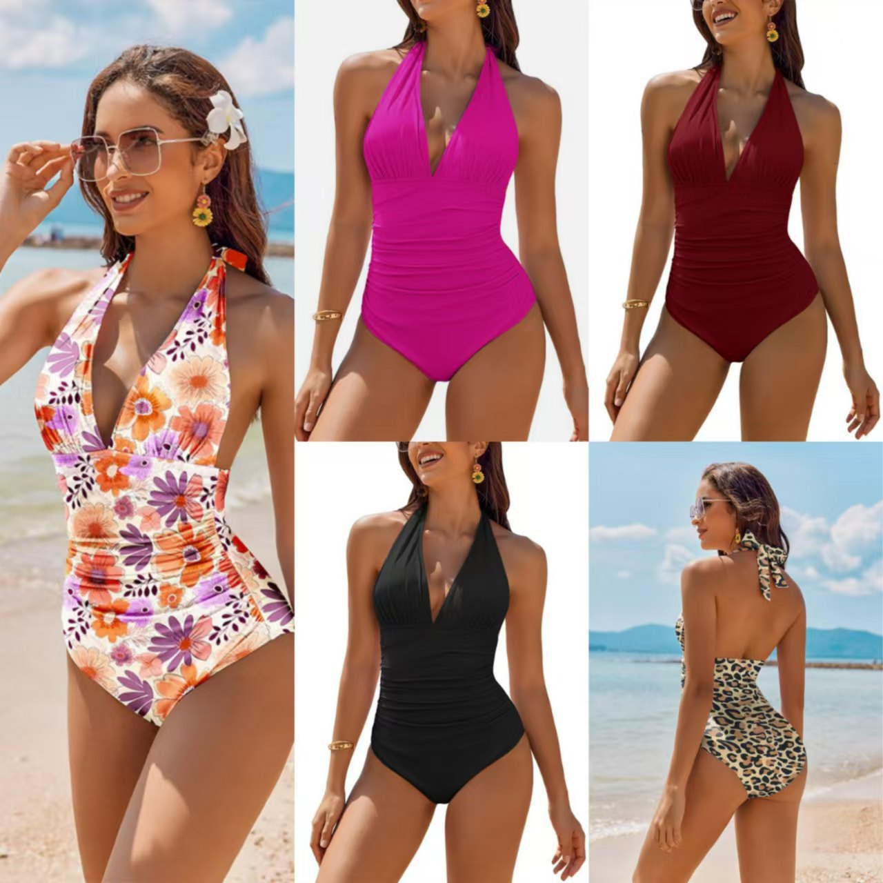 Women's Solid Color One-piece Swimsuit Deep V Neck Halter Neckline_voghion.com