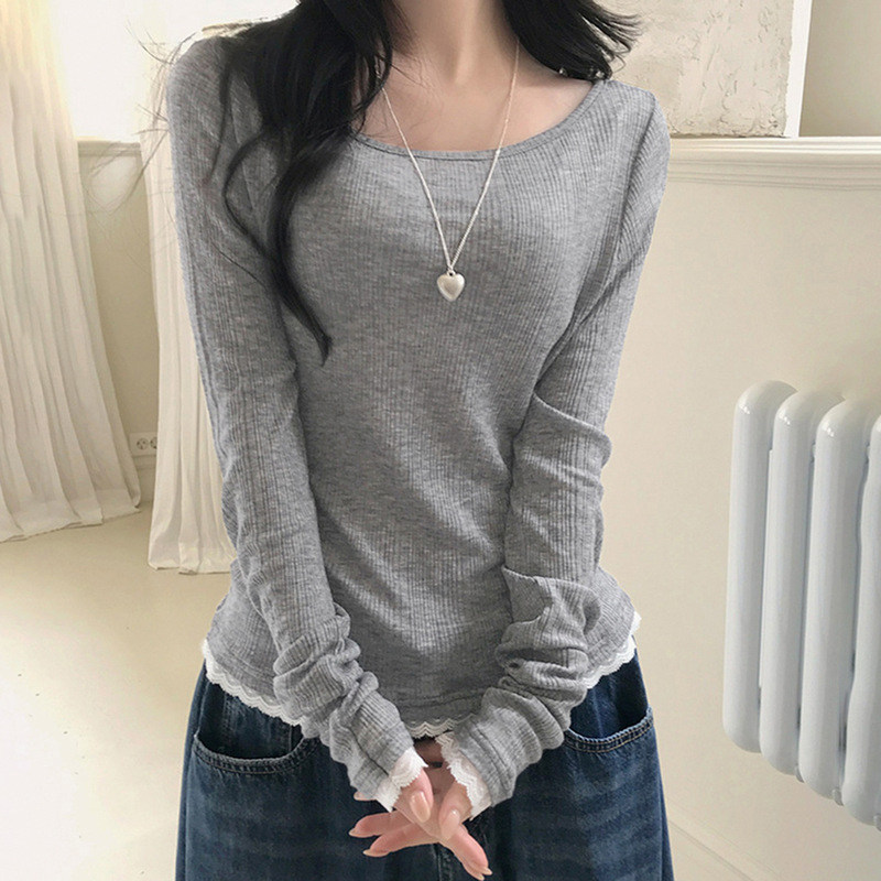 小清新蕾丝花边拼接长袖针织衫2025秋季新款修身简约薄款内搭上衣|undefined